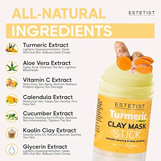 Estetist TURMERIC VITAMIN C CLAY FACE MASK STICK SET FOR DARK SPOTS OIL CONTROL AND BALANCE FACIAL MASK DEEP PORE CLEANSER BLACKHEAD REMOVER ANTI-ACNE TREATMENT FOR ALL SKIN TYPES GIFT PACK OF 3 - Image 3